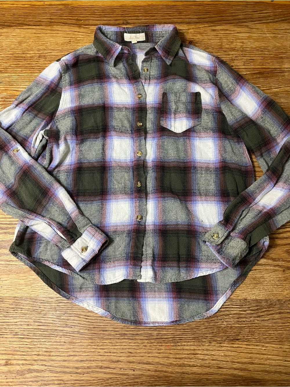 Love Notes Olive and Purple Plaid Button-Down Shirt
